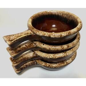4 Hull Soup Bowls Mirror Brown Drip Glaze Handles VTG 1960s Individual Casserole